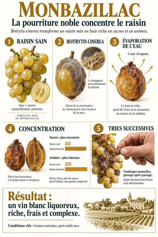 Infographie sur la pourriture noble du Monbazillac vin blanc