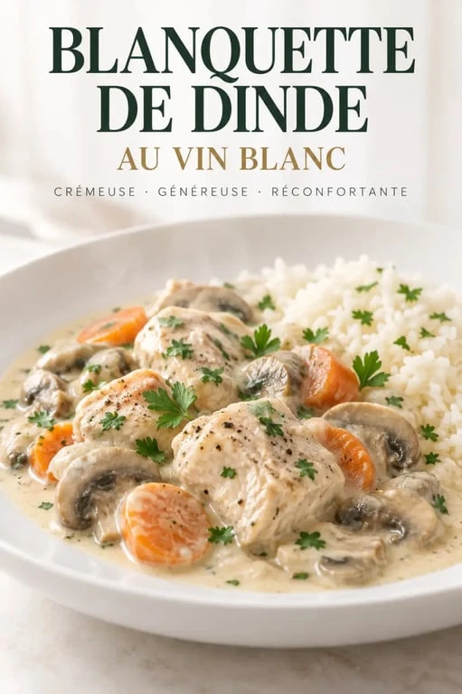 Recette blanquette de dinde vin blanc servie avec champignons, sauce crémeuse et riz