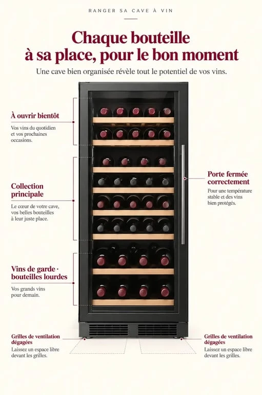 Comment ranger une cave à vin électrique avec bouteilles couchées et zones organisées
