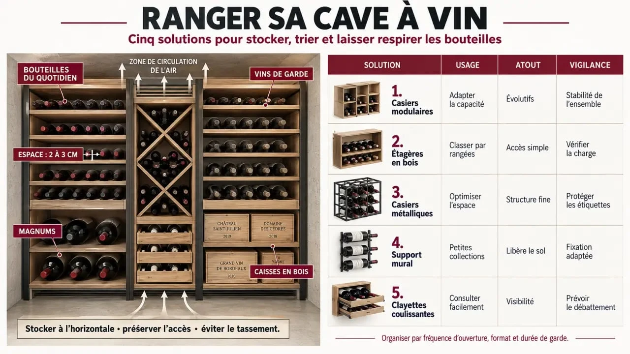 Infographie sur le rangement de cave à vin avec casiers, clayettes et organisation des bouteilles