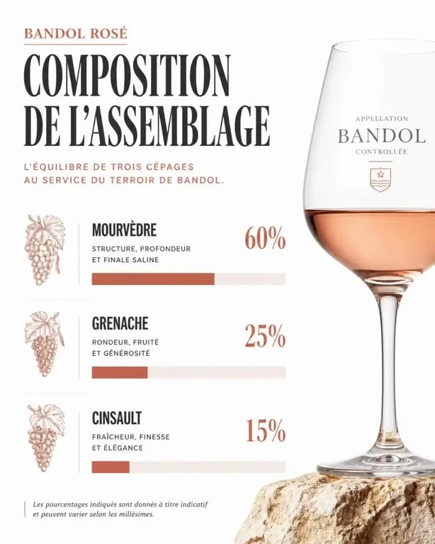 Infographie sur l'assemblage des cépages du vin rosé de Bandol