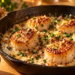 Noix de saint-jacques à la crème vin blanc, sauce onctueuse