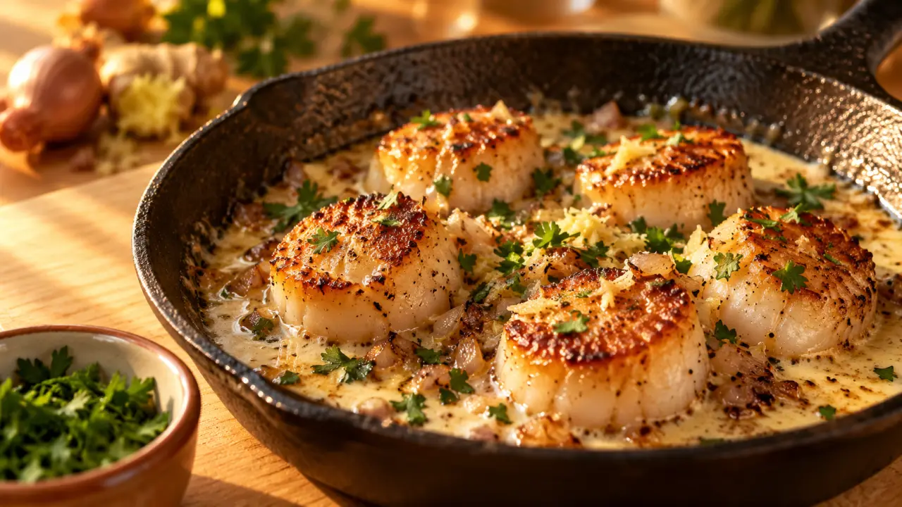 Noix de saint-jacques à la crème vin blanc, sauce onctueuse