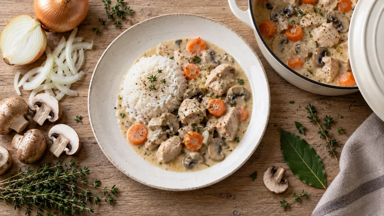 Recette blanquette de dinde au vin blanc, sauce nappante aux champignons et carottes