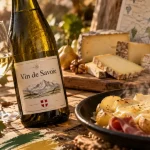 Vin blanc de Savoie avec raclette et fromage de Savoie, verre et étiquette lisible