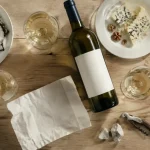 Vin blanc du bordelais en dégustation : verres et bouteille sur table en bois