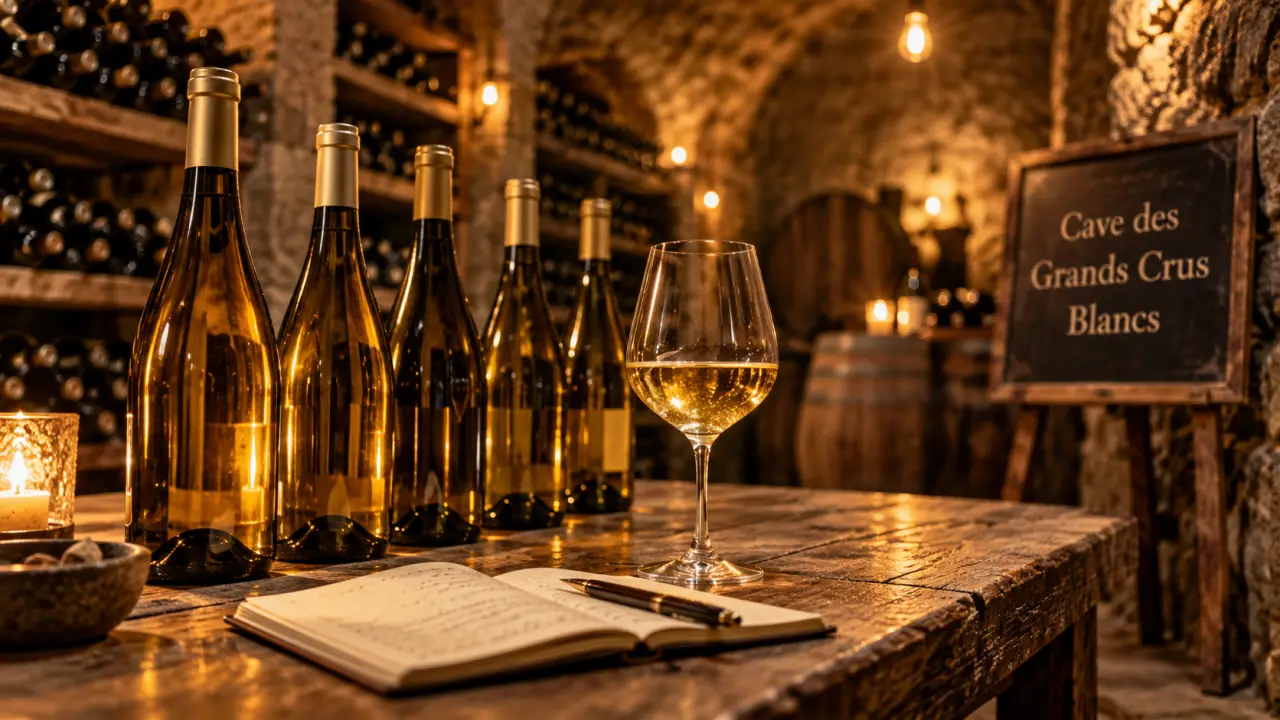 Caves des grands crus blancs : bouteilles de Chardonnay en cave de Vinzelles et Loché