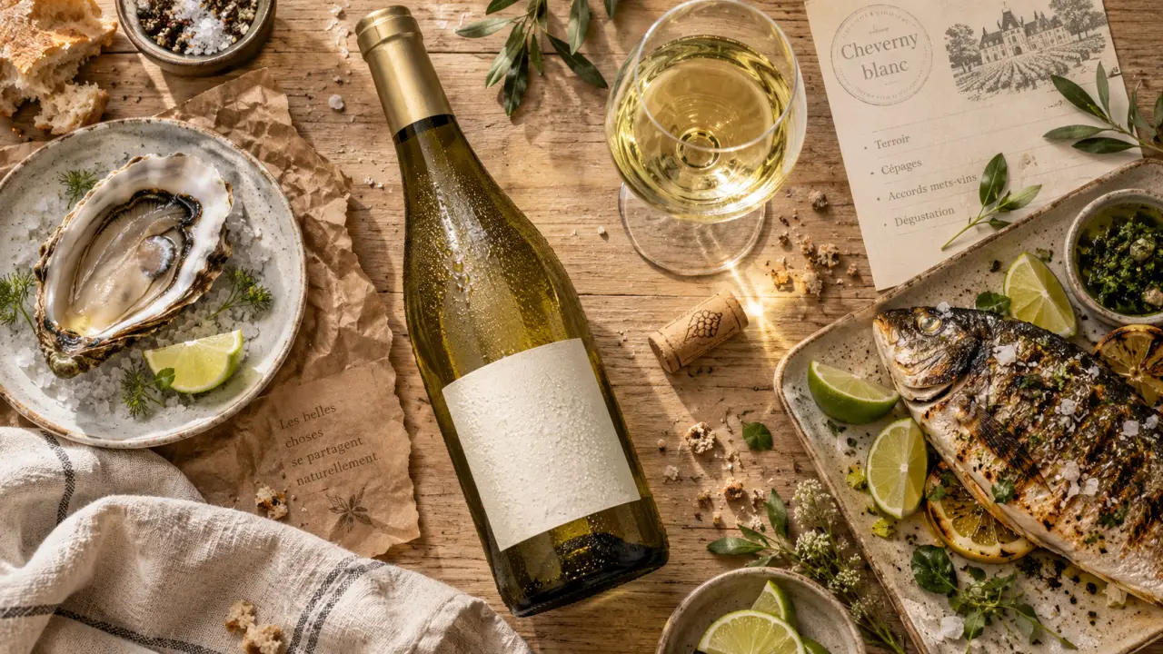 Cheverny vin blanc : bouteille glacée et verre tulipe, poissons et citron