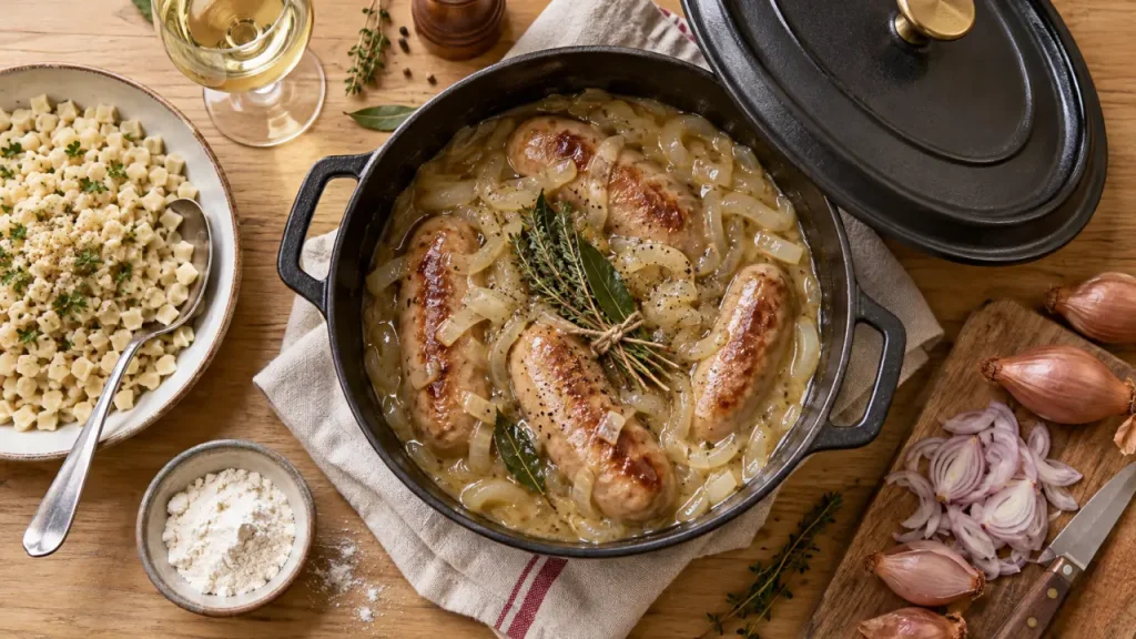 Diots au vin blanc : 50 cl, 2 oignons et 20 à 40 minutes pour une sauce liée