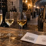 Domaine viticole de la ville de Colmar : caveau, verres de dégustation et bouteilles
