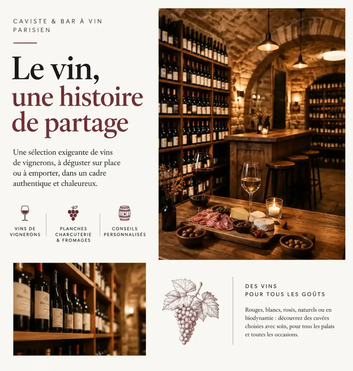 Ambiance du caviste et bar à vin Rouge ou Blanc à Paris, décor de cave en pierre avec verres de vin et planche à partager