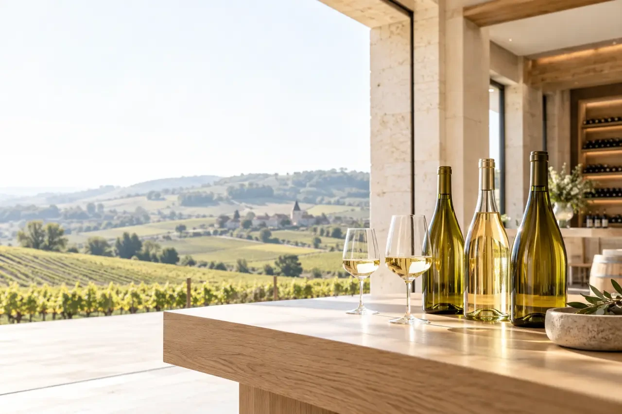 Caves des grands crus blancs : caveau de dégustation et bouteilles de Chardonnay du Mâconnais