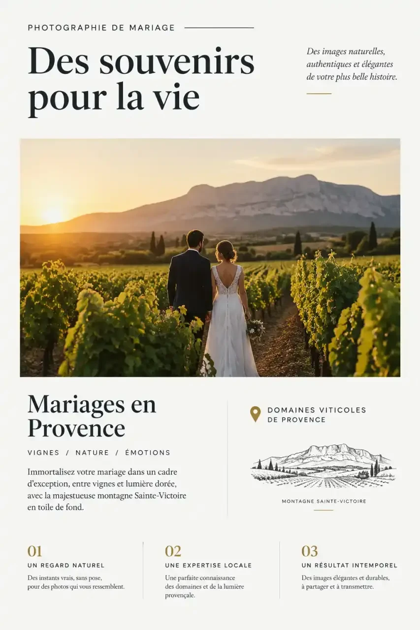 Mariage au château de Roquefeuille, domaine viticole à Pourrières, au coucher du soleil face à la montagne Sainte-Victoire