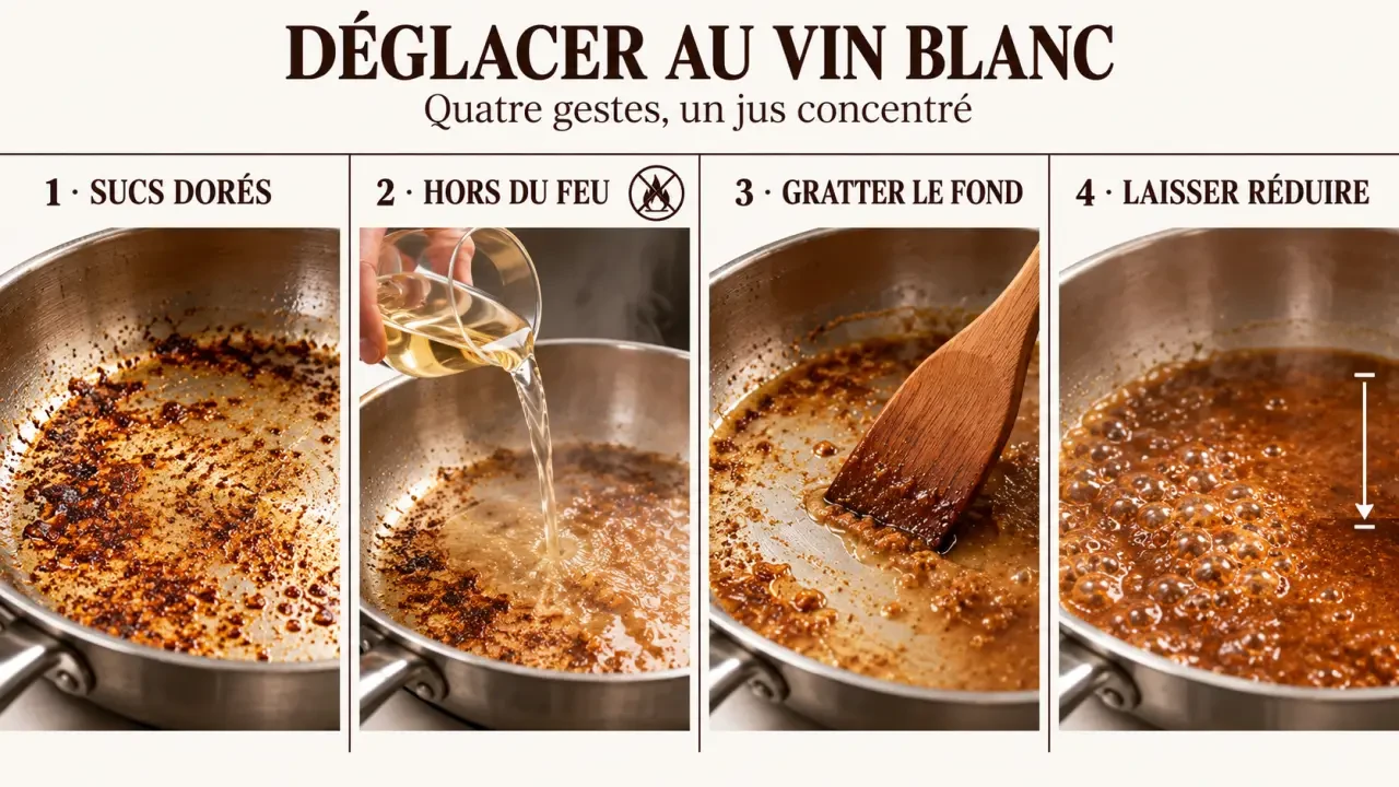Étapes pour déglacer au vin blanc dans une poêle avec des sucs dorés et une sauce réduite