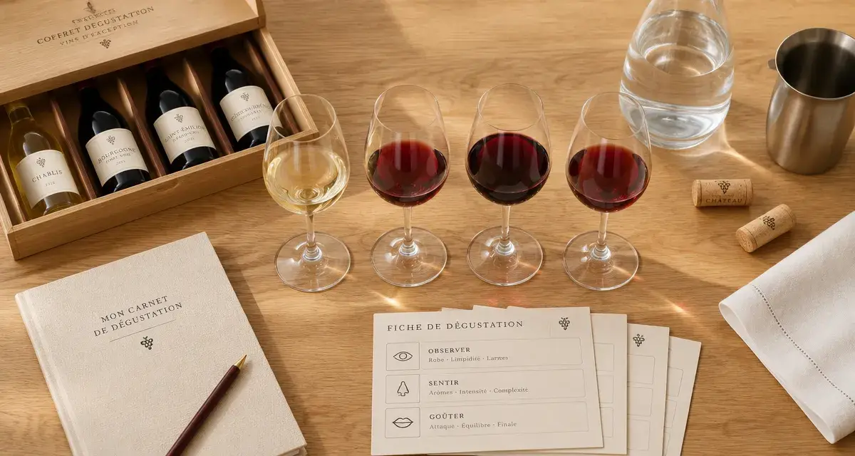 Kit dégustation vin : quatre bouteilles, verres et carnet de dégustation