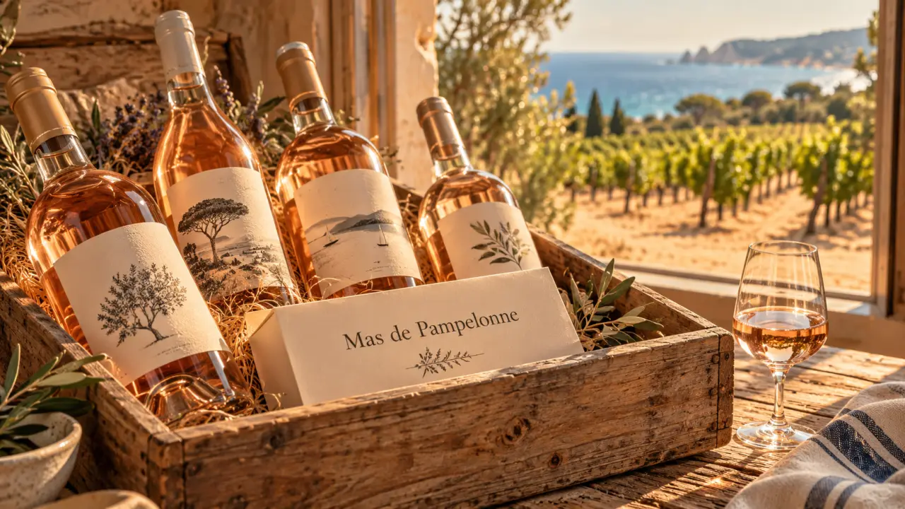 Le mas de pampelonne domaine viticole : rosé provençal à Ramatuelle, bouteilles sur carton de dégustation