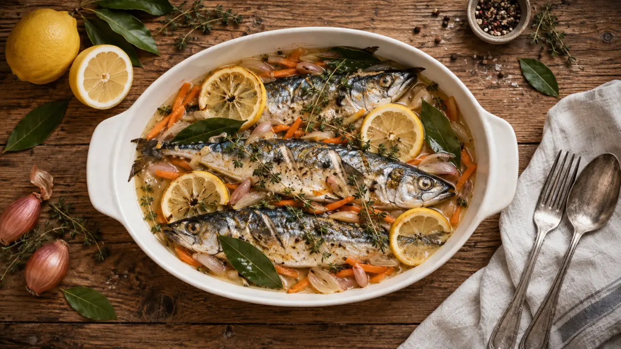 Maquereau au vin blanc au four, avec citron et herbes