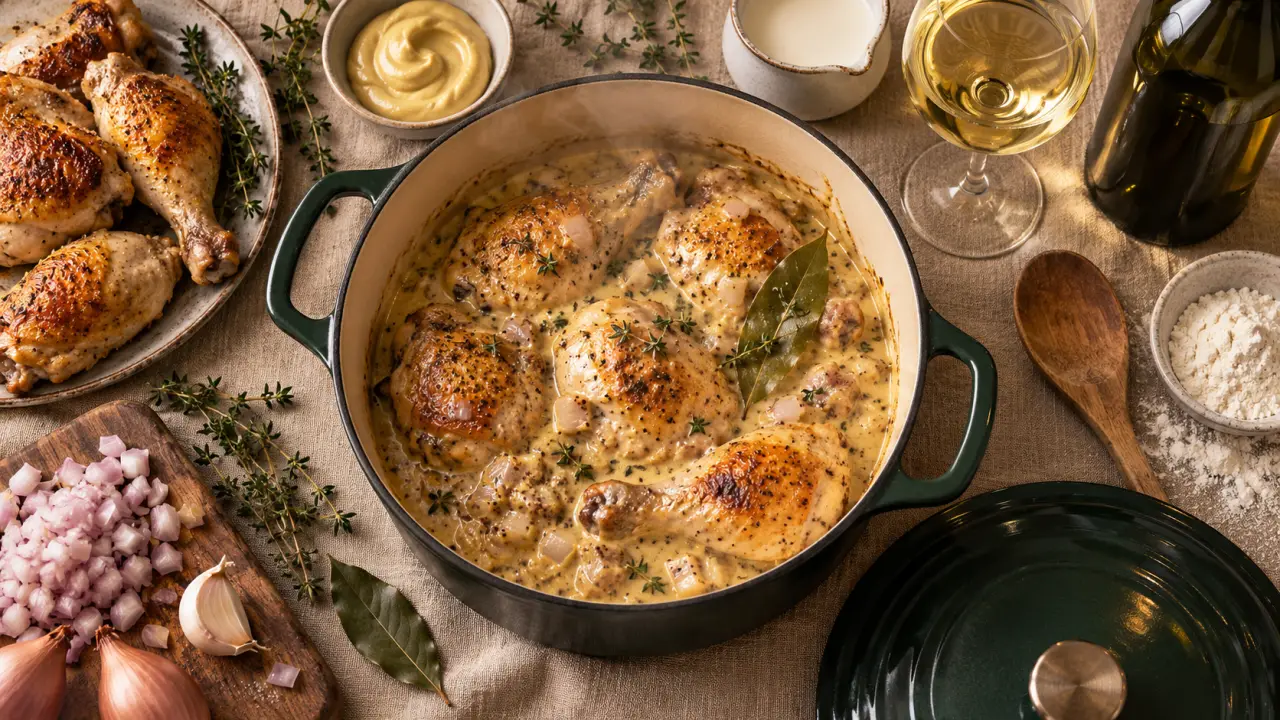 Poulet au vin blanc en cocotte, sauce à la crème