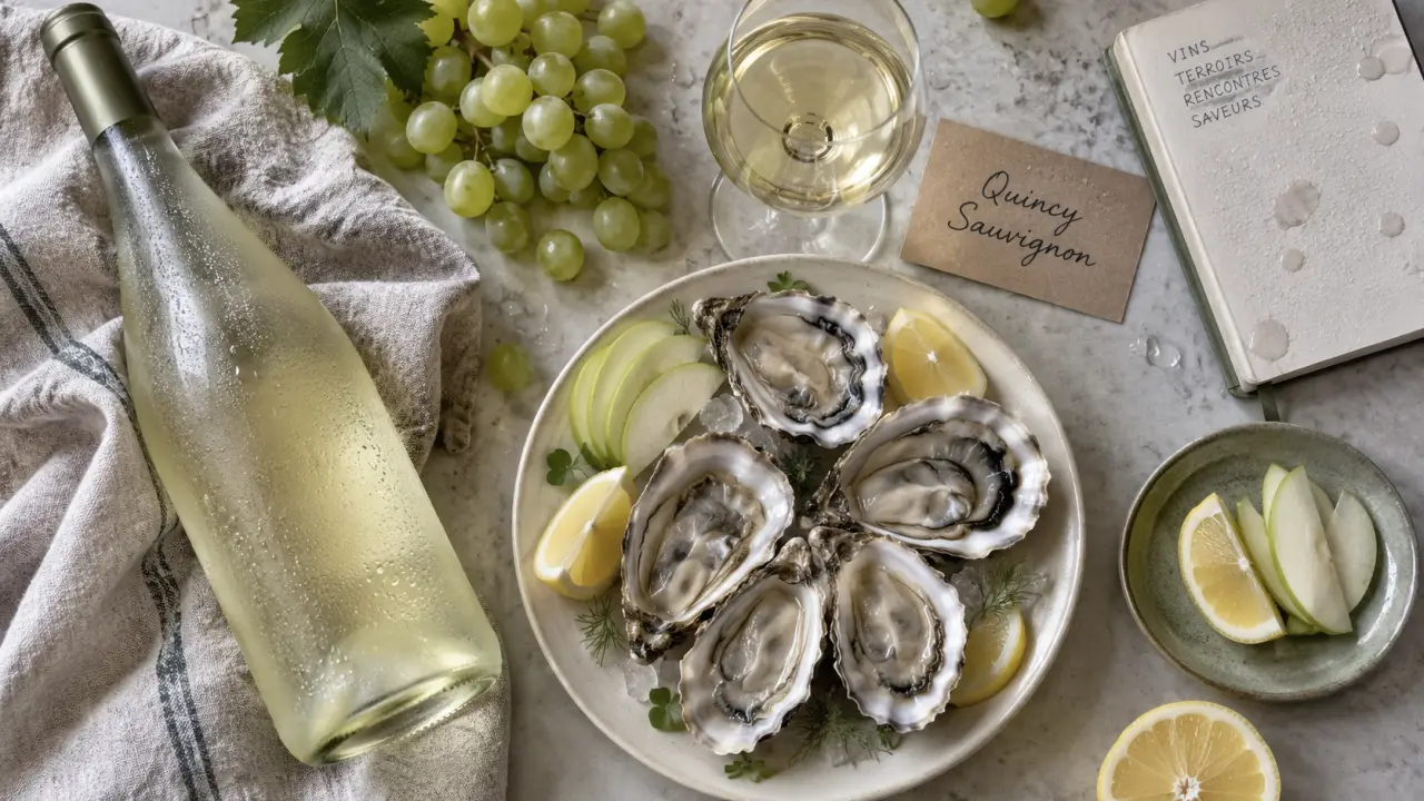 Quincy vin blanc Sauvignon du Cher frais : verre et huîtres, citron