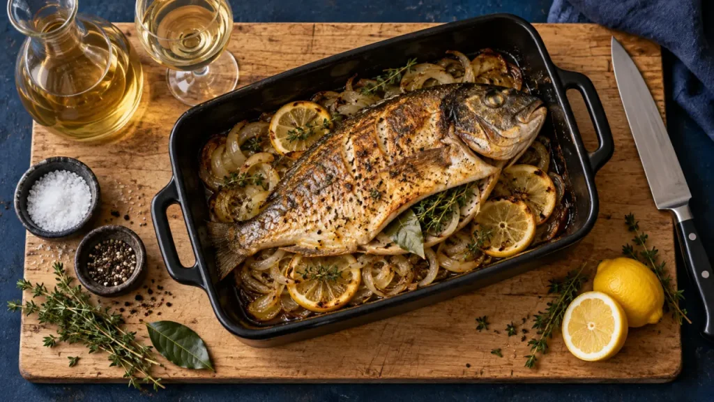 Dorade au four au vin blanc : une chair moelleuse grâce à 20 cl de vin et à l’arrosage